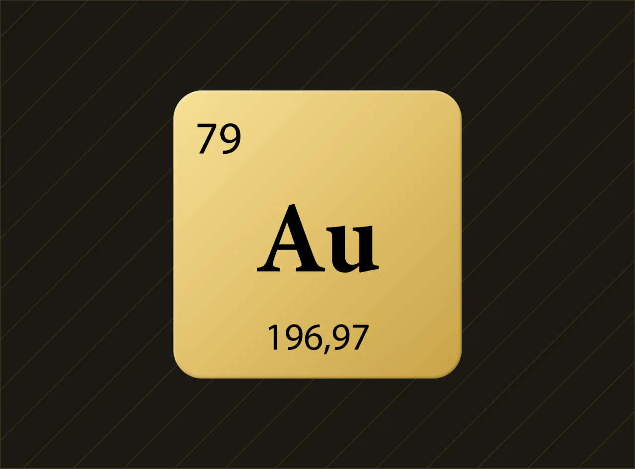 Elementsymbol Gold (Au) mit Ordnungszahl 79 und Atommasse 196,97