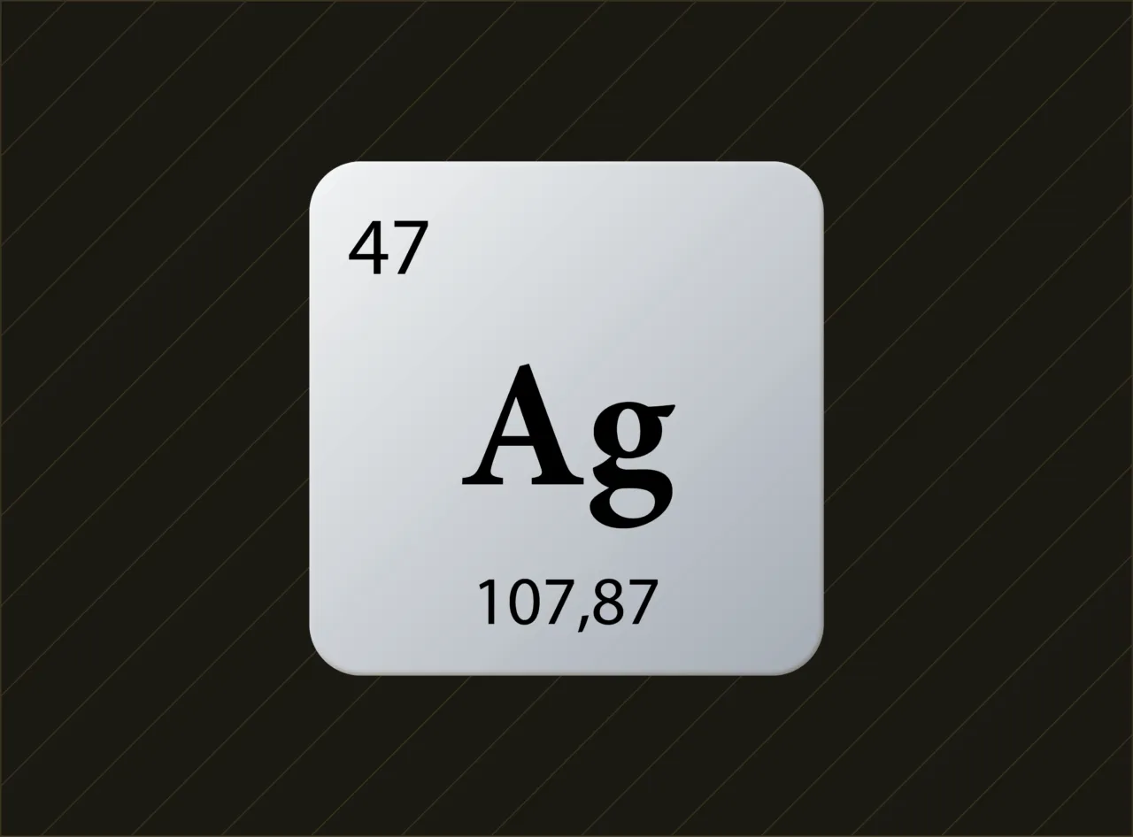 Elementsymbol Silber (Ag) mit Ordnungszahl 47 und Atommasse 107,87